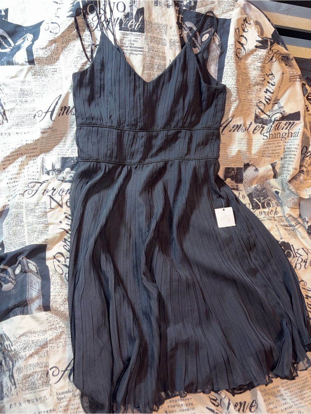 LOFT Black Pleated Midi Slip Dress with Spaghetti Straps - Picture 5 of 8